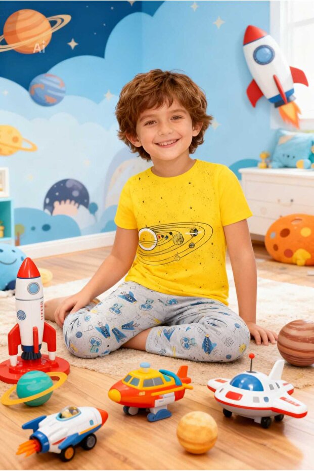 Yellow & Gray Color Space Themed Crew Neck Boys' Pajama Set