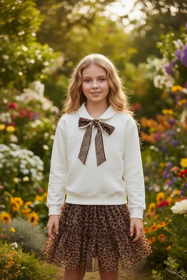 Girl's Bow Collar Sweatshirt Layered Skirt Set of Patterned