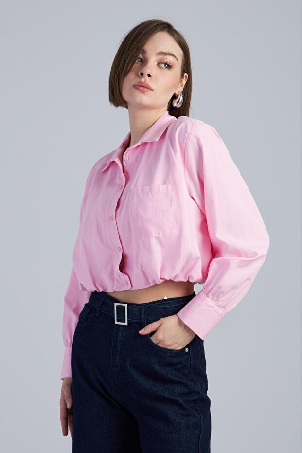 Women's White Poplin Bomber Shirt Long Sleeve Elastic Cropped Shirt