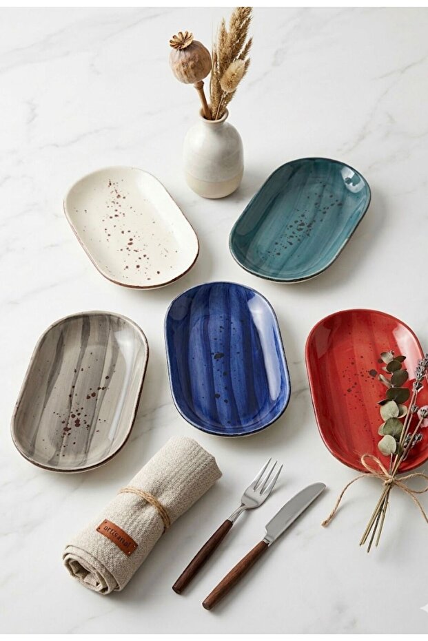 5 Colors 10 Pieces Kayık Plate Set Ceramic Serving Presentation Plate Breakfast Gift "19 X 11 Cm"
