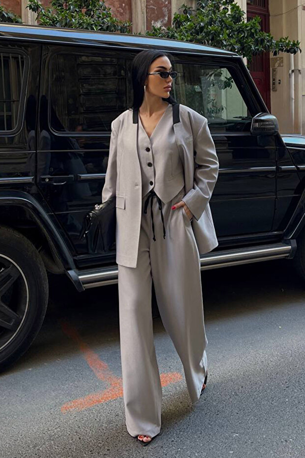Gray Oversized Jacket Vest Pants Loose Fit Suit
