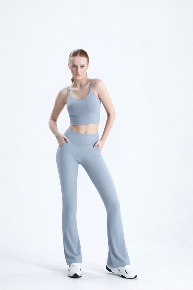 Women's Gray High Waist Robal Double Pocketed Flared Sports Leggings Bootcut
