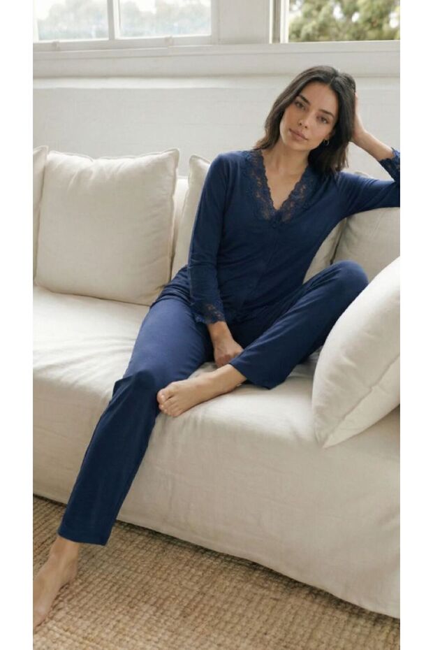 Women's Cotton Lu Lace Detailed Buttoned Long Sleeve Pajama Set