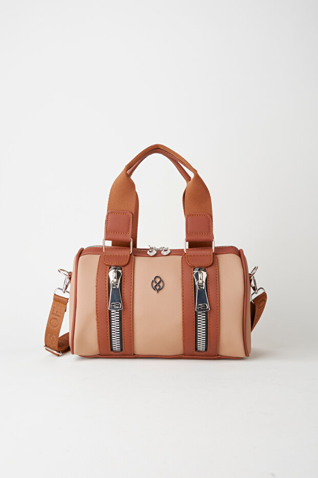 Women's Dark Mink Tan Lily Cylinder Zipper Closure Column Strap Handbag and Shoulder Bag