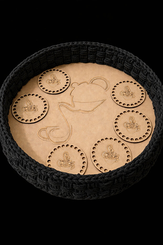 Wooden Presentation Tray 30 Cm, 6 Cup Holders, Woven Tray with 2.7 mm Mdf Scratch-Resistant Surface.