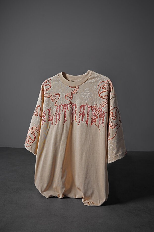 Men's Beige Slatraism Embossed Printed Oversized Tshirt
