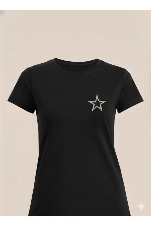 Women's Stone Embroidered Star Basic Round Neck Vi Viscose İyah T-Shirt
