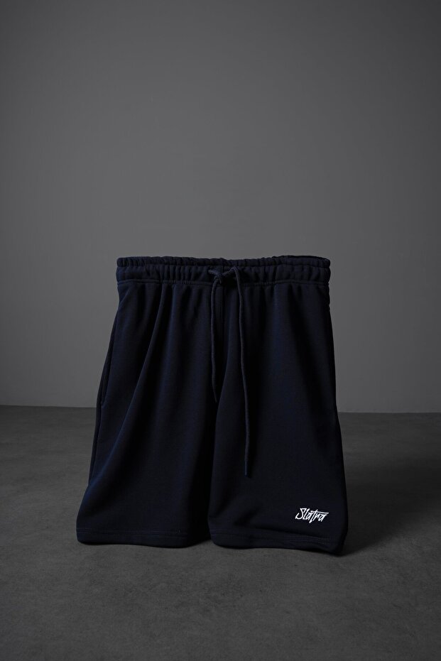 Erkek Lacivert Basic Nakışlı Diz Üstü Şort - 1