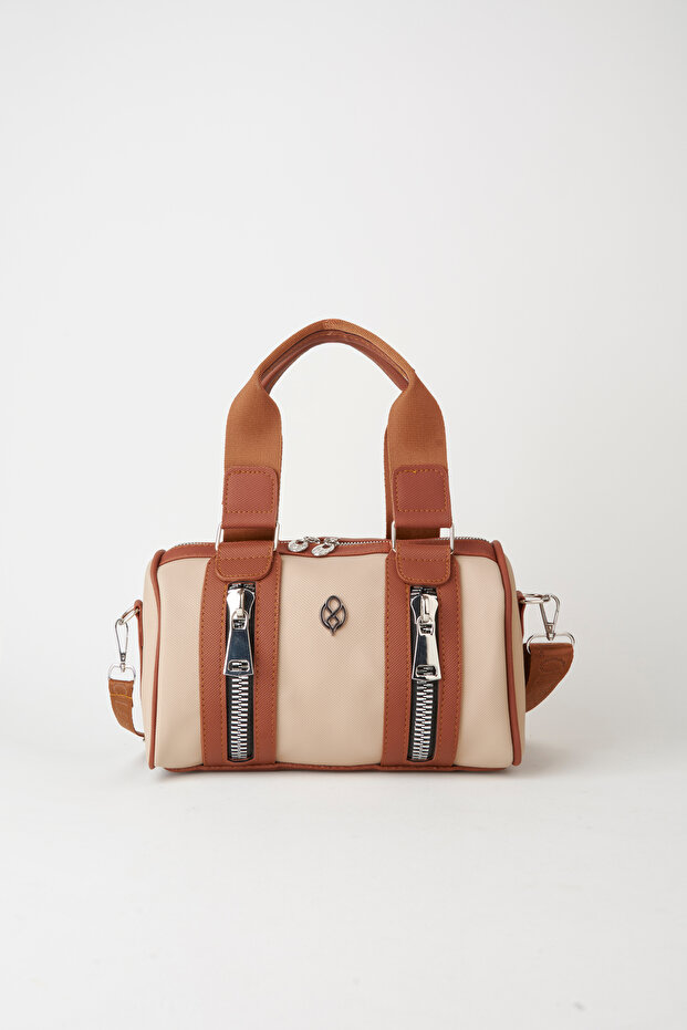 Women's Mink Tan Cylinder Lily Zipper Closure Column Strap Handbag and Shoulder Bag