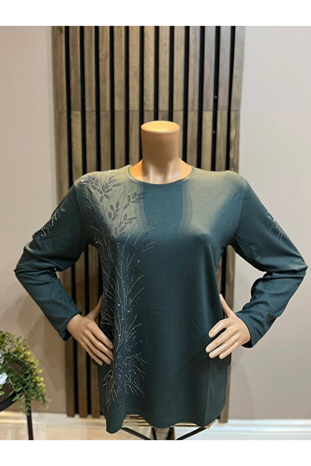 Women's Combed Cotton Blouse for Middle Ages and Above with Viscose Sparkling Branches and Stones