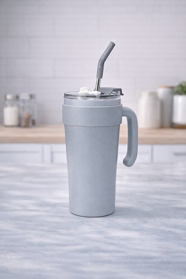 Stainless Steel Thermos Cup with Straw and Handle Portable Cold Hot Drink Cup