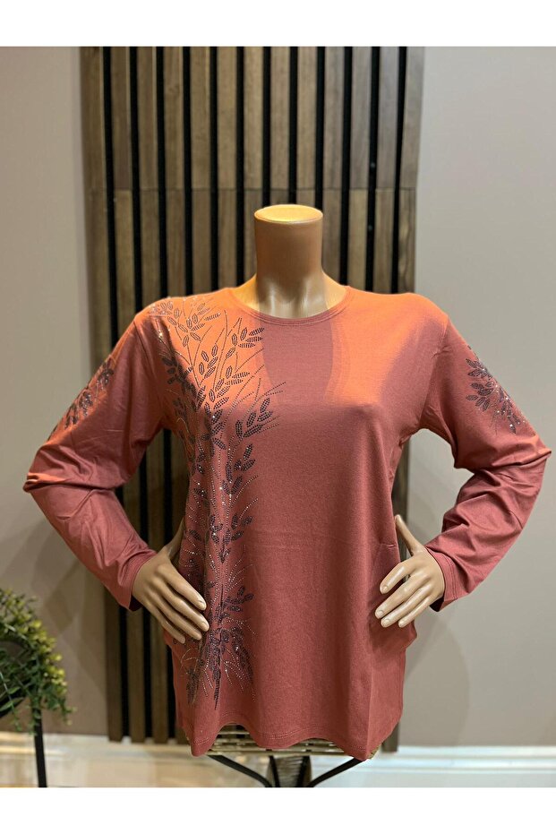 Women's Combed Cotton Blouse for Middle Ages and Above with Viscose Sparkling Branches and Stones