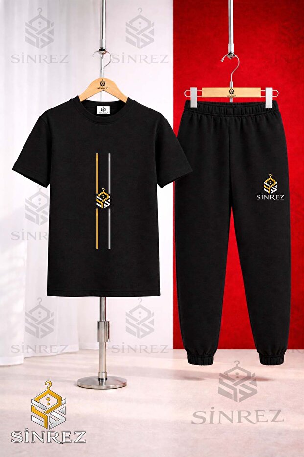 Children's Logo Upright Two Line Printed T-Shirt Tracksuit Set