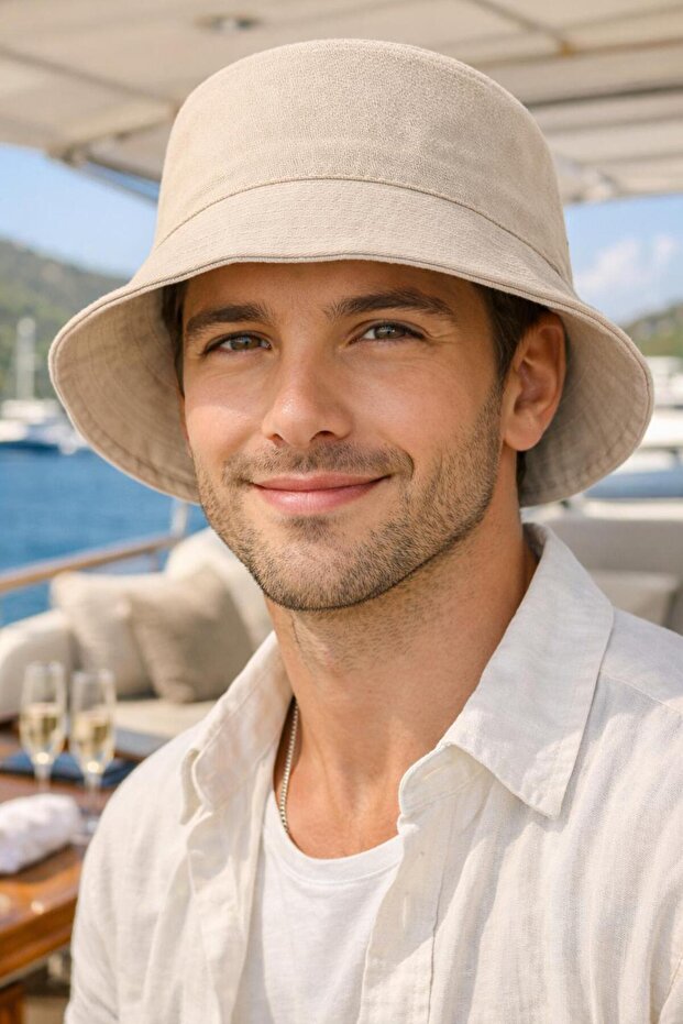 Beige Cotton Bucket Men's Hat
