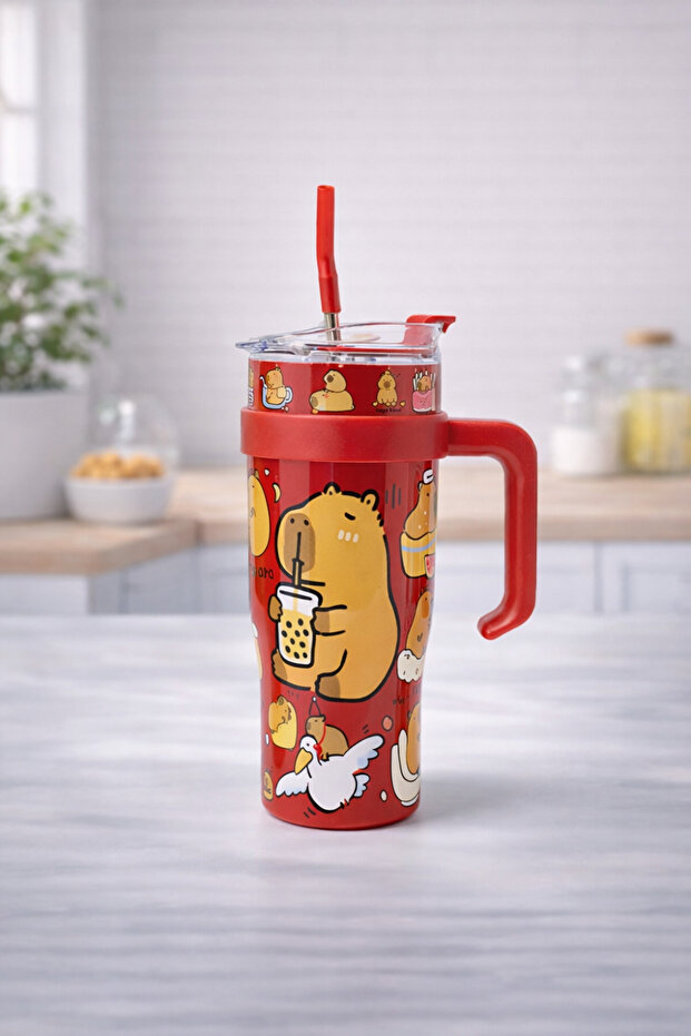 Cute Teddy Bear Thermos Cup with Patterned Straws and Handle Double-Layered Cold and Hot Beverage Cup
