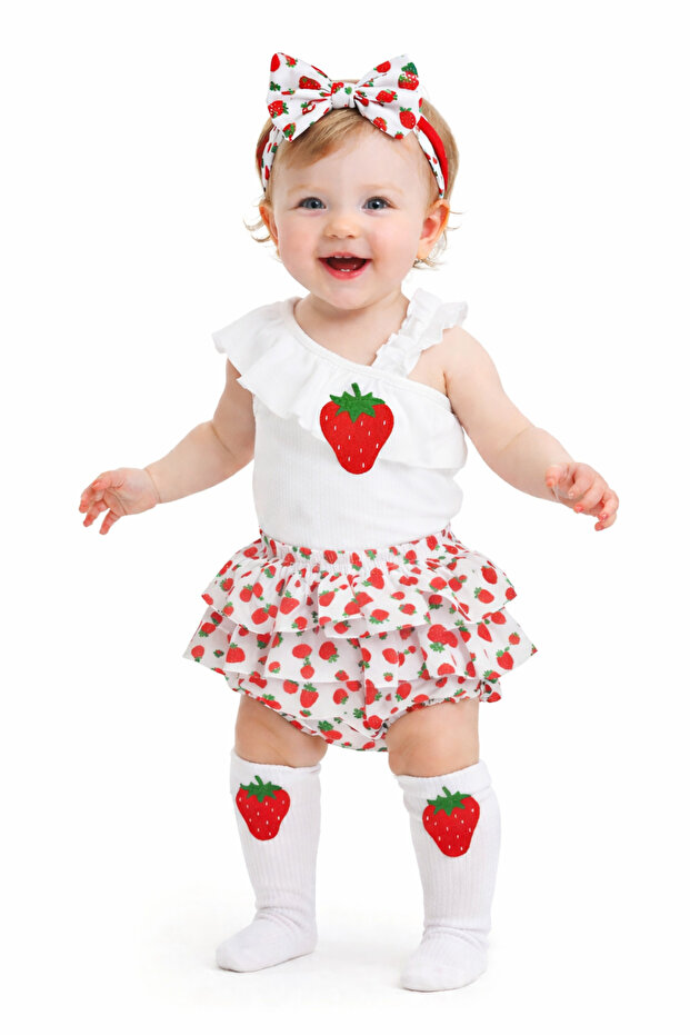 Baby Girl Strawberry Patterned Ruffle Shorts White Single Sleeve and Socks Set