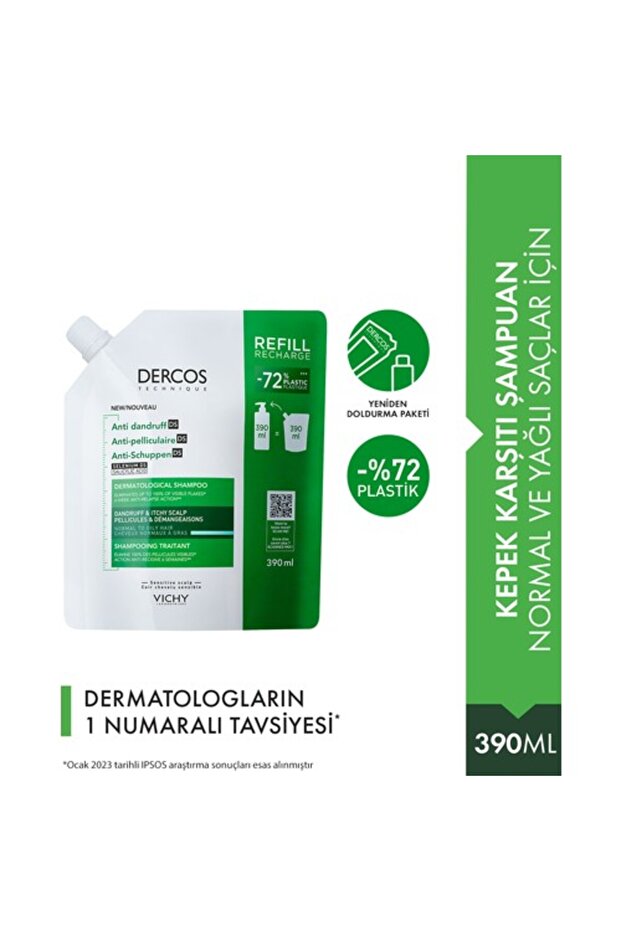 Dercos Hair Care Shampoo for Normal/Oily Hair Refill Pack 390 ml