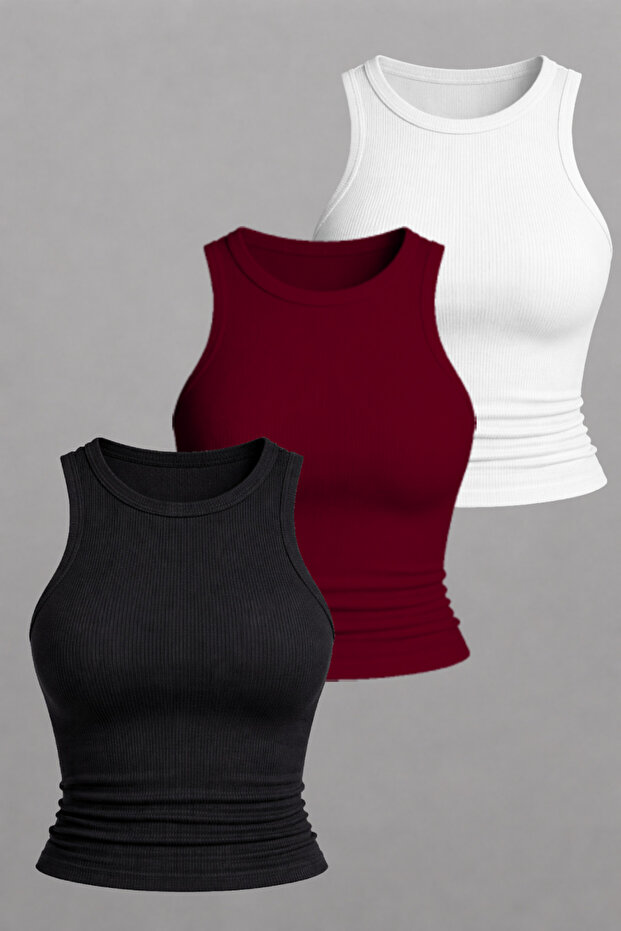 3-Piece Set U-Neck Short-Sleeve Corded Fabric Cotton Blouse T-Shirt