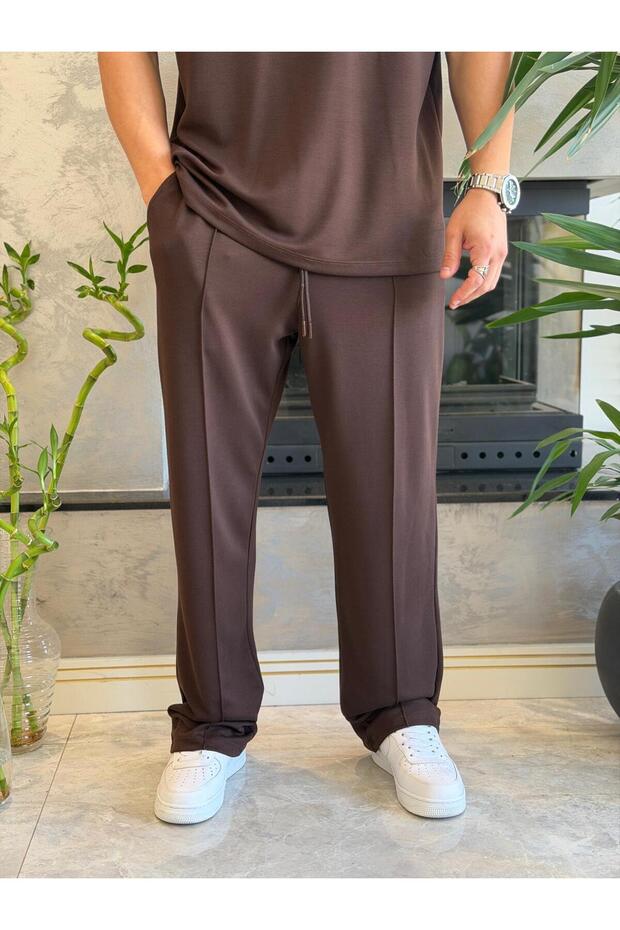 Men's Drawstring Waist Modal Fabric Drapey Trousers Brown Eca073