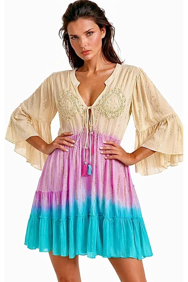 Women’s Boho Embroidered Mini Dress – V-Neck Flowy Casual Summer Dress with Be