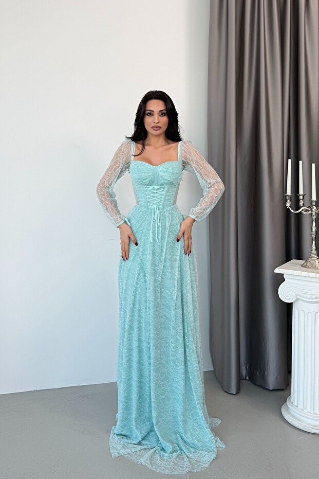 Mint Heart Collar Corset Detailed Front Tie-Detail Lace Evening Dress