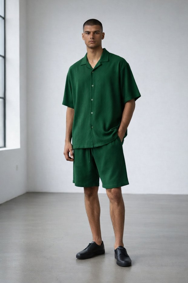 Men's short sleeve shirt & shorts set - crinkle fabric
