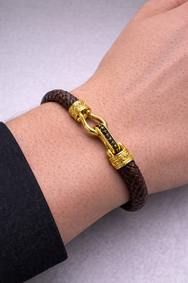 Men's Leather Bracelet Nal Navel 8mm Brown Flat Men's Leather Bracelet