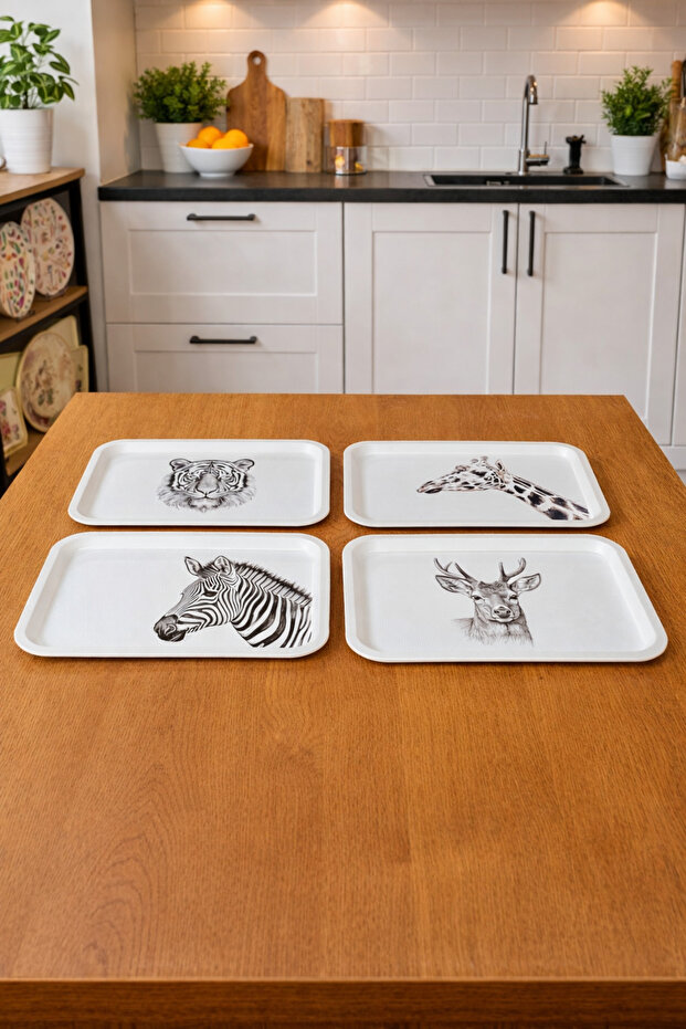 Safari Animals Patterned Set of 4 Presentation Trays | 4 Piece Tea and Coffee Serving Tray Set | 31X21 cm