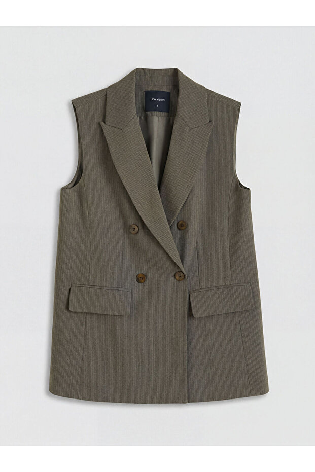 Khaki Double-Breasted Collar Striped Women's Classic Vest from Güli̇s Gi̇yi̇m