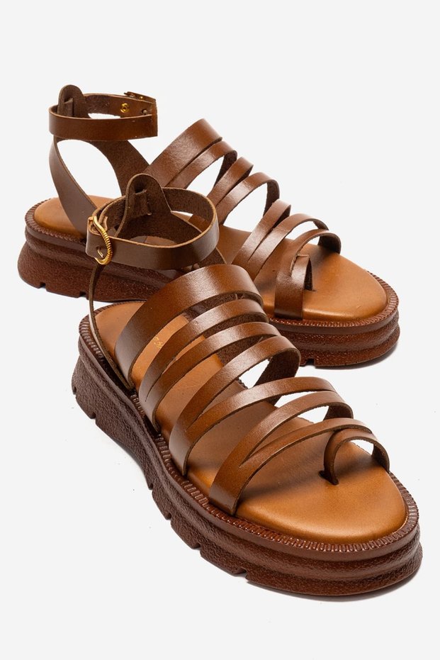 Kenyoni Women's Genuine Leather Thick Sole Sandals Tan – Antique Textured Comfortable Greek Style