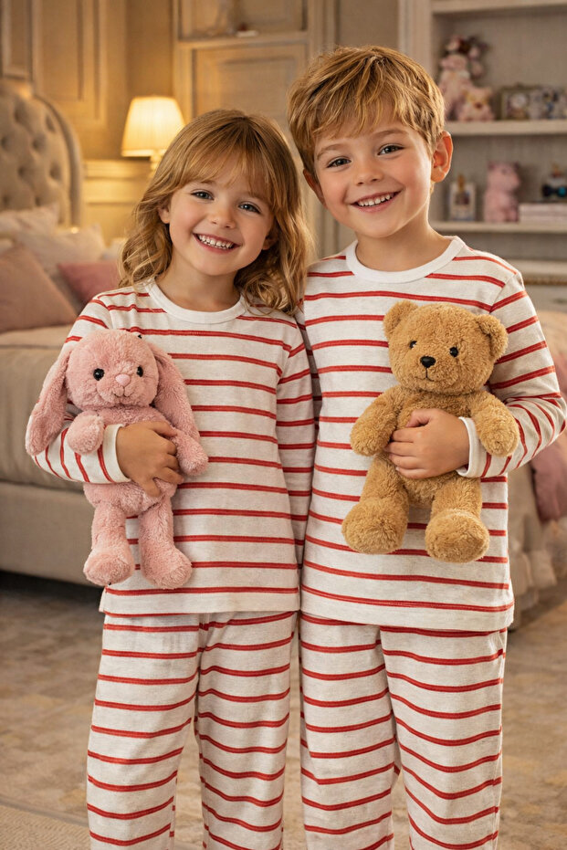 Girl's and Boy's Striped Pajama Set, Double Set, Sibling Combination, Cotton Piece Sleep Set