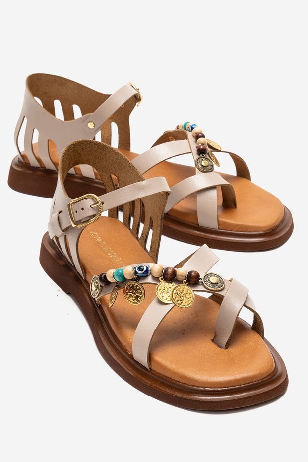 Kendrica Women's Genuine Leather Bead Detailed Sandals Beige – Antique Textured Comfortable Greek Style