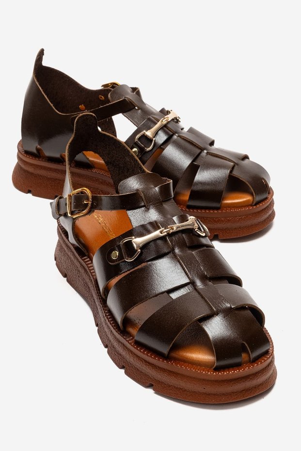 Kelvin Women's Genuine Leather Thick Sole Sandals Brown – Antique Textured Comfortable Greek Style