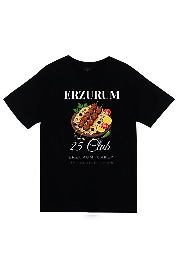 Erzurum 25 Palandöken - Cağ Kebabı - Şehir Printed Unisex 100% Cotton Black T-Shirt