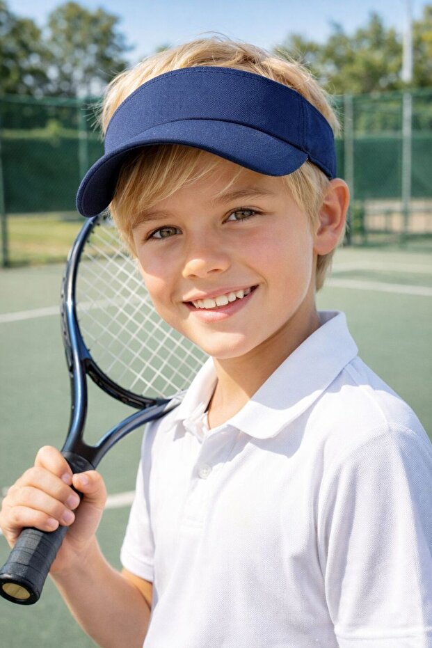 Navy Blue Cotton Piece Vizör Tenisci Boy's Hat 10-18 Years