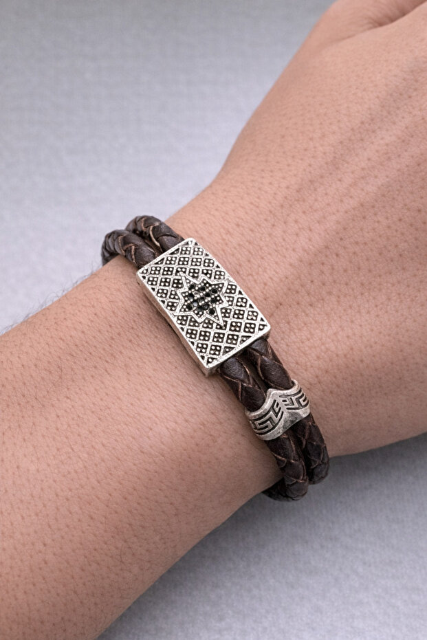 Men's Leather Bracelet Zirconia Double Tube Brown Men's Bracelet