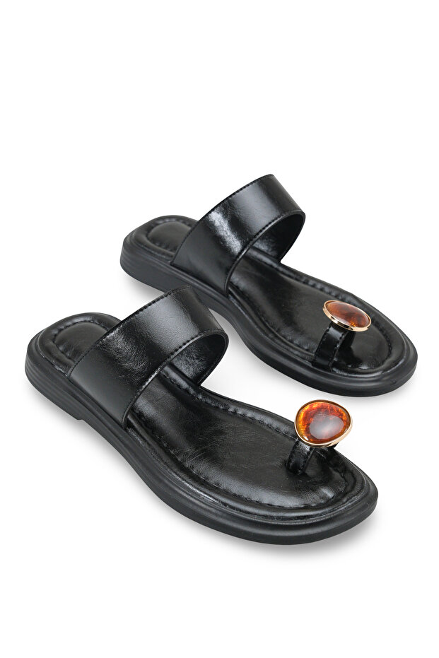 Emilia Vellini Black Rustic Women's Flip Flops with Stone Detail, Casual, Comfortable and Stylish Slippers