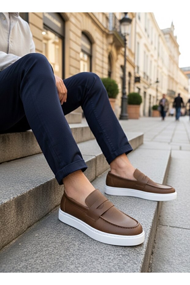 Tan Belted Laceless Lightweight High White Sole Style Men's Shoes Tge230730