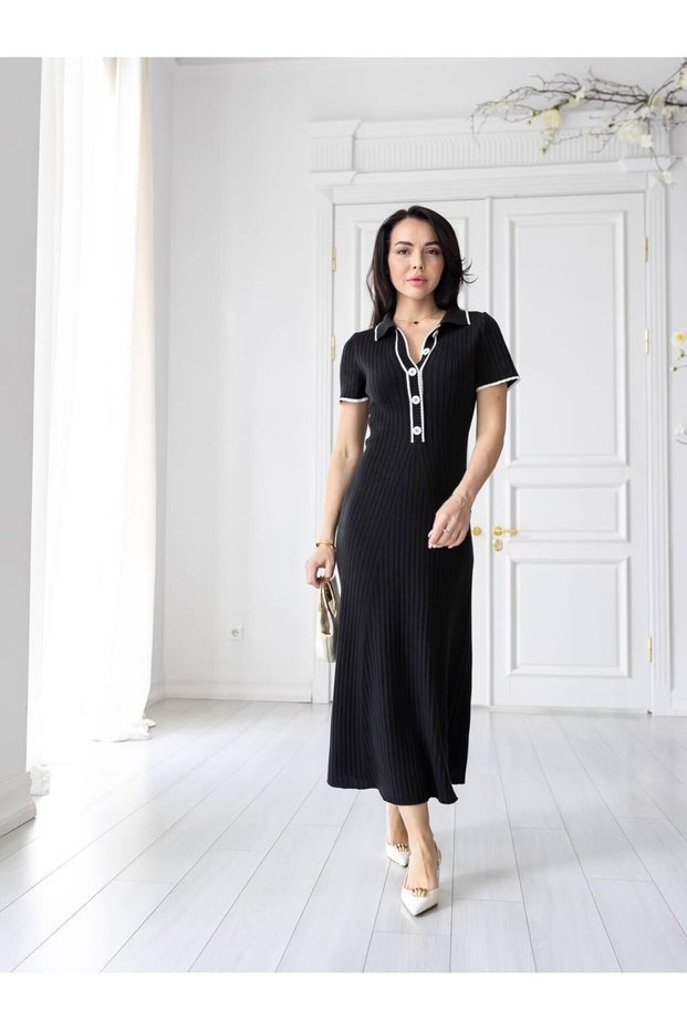 Women's Black Corded Fabric Long Striped Detail Polo Collar Knit Dress