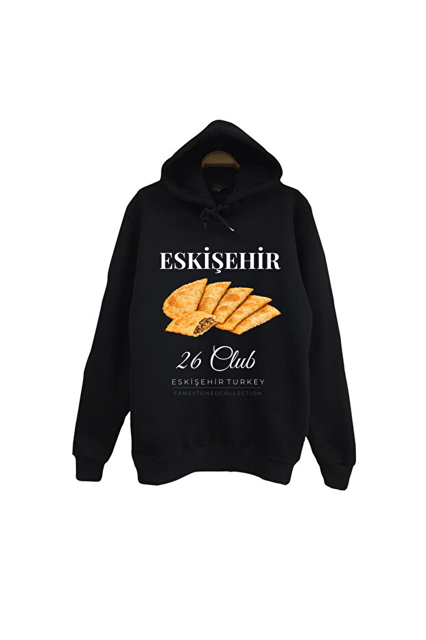 Eskişehir 26 Odunpazarı - Lületaşı - Şehir Printed Unisex %100 Cotton Black Hooded Sweatshirt