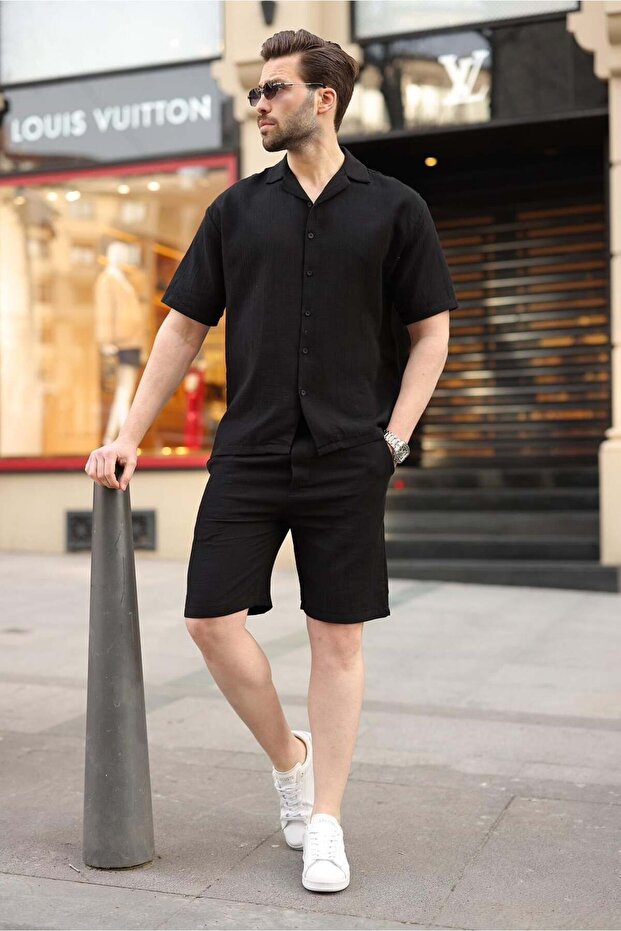 Black 100% Cotton Piece Men's Shorts and Shirt Set E7360
