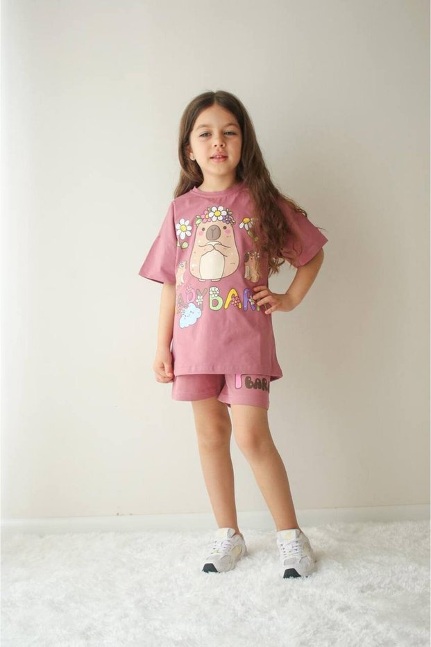 Girl's Shorts Set with Floral Pattern, Super Quality, 100% Cotton Shorts Set, Girl's New Season Top and Bottom Set, 2-Piece Cotton Fabric, 100% Full Lycra 7898
