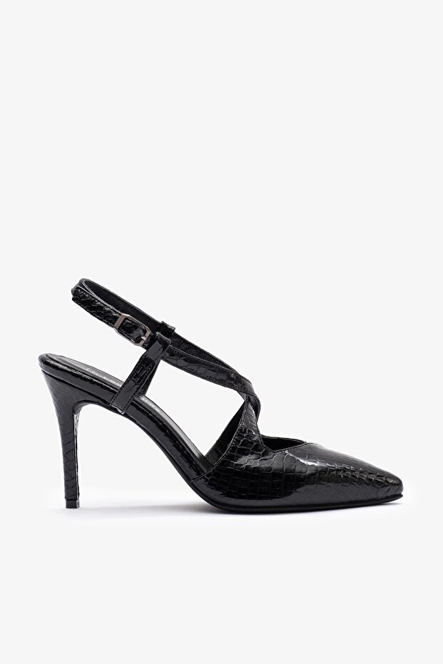Crossa Black Crocodile Leather Women Heeled Shoes