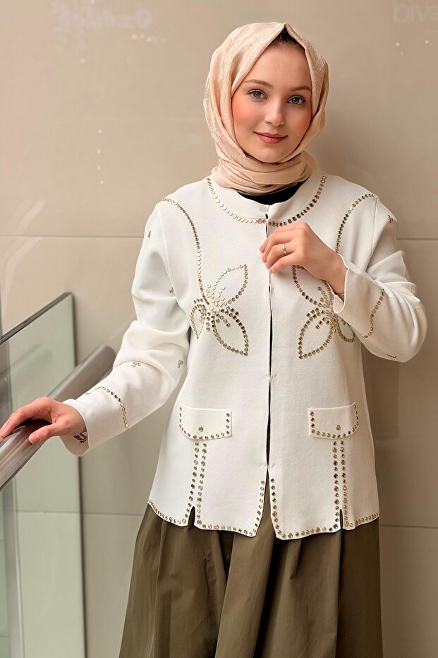 Ayna Baskı İşlemeli Triko Hırka - 1