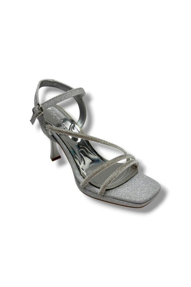 688-26 Shiny Glittery Satin 3 Strips Medium Heel Women's Sandals (10cm)