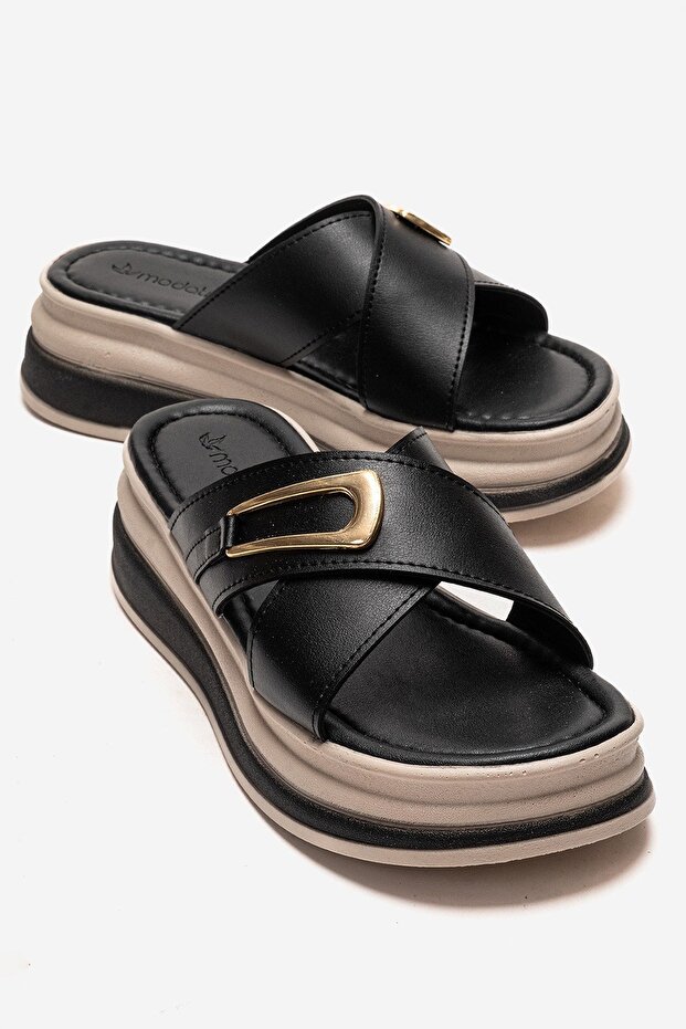 Women's cross-strapped slipper black