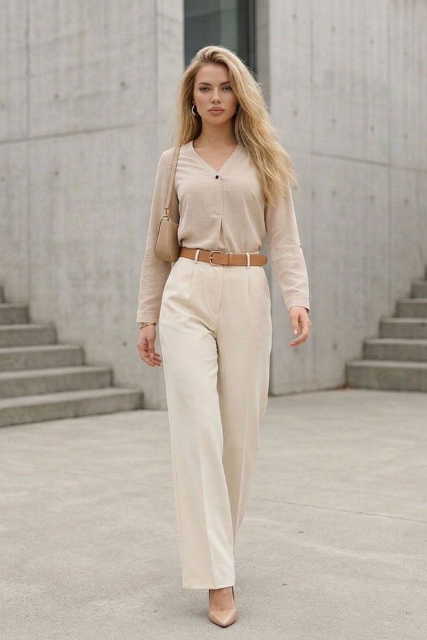Women's Beige V-Neck Blouse Button Detail Long Sleeve Casual Soft-Textured Stylish Blouse - Women's Blouse