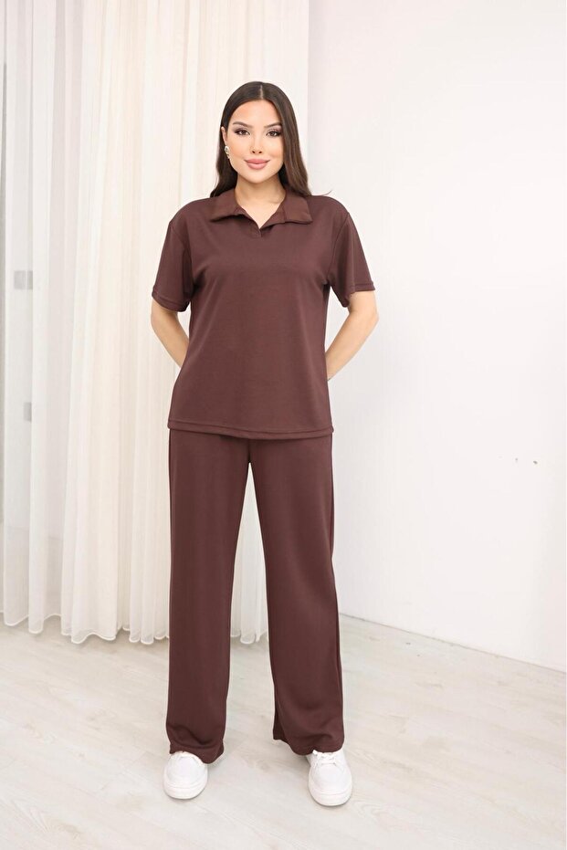 Women's Modal Fabric Polo Collar Short Sleeve Bottom Top Set