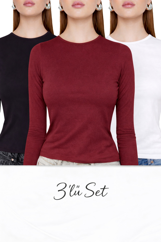 بلوزة نسائية طويلة الأكمام من Black White Claret Red بياقة دائرية ثلاثية وناعمة للغاية