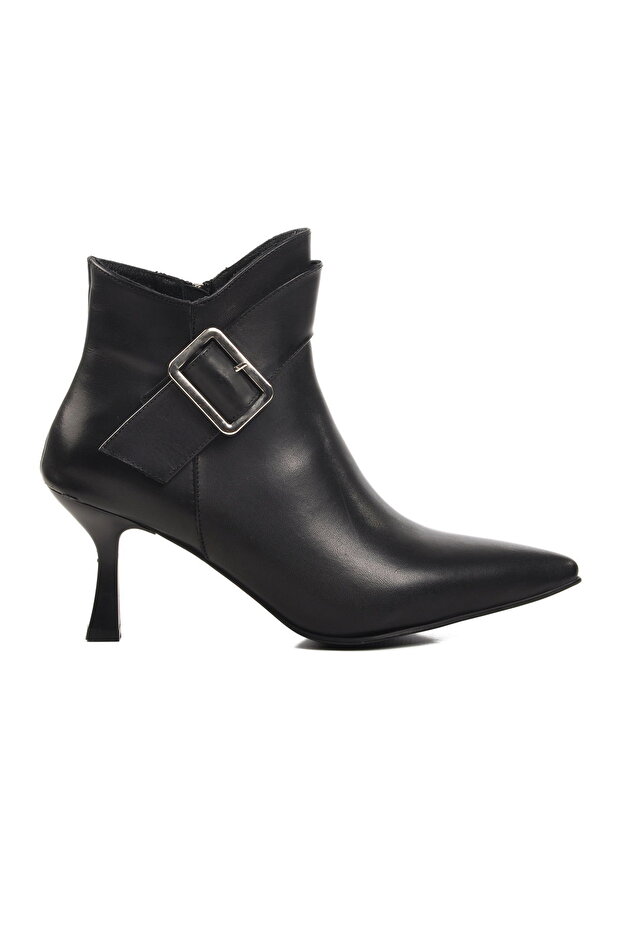 Black Genuine Leather Women's Heeled Boots with Fleece Inside